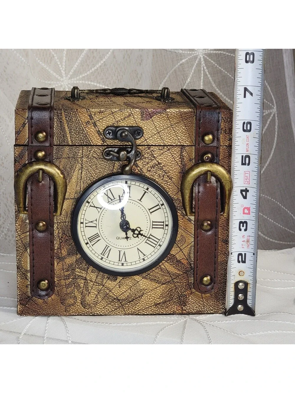 Vintage Wooden Box with Quartz Clock Leather Straps Rustic Colonial World Map